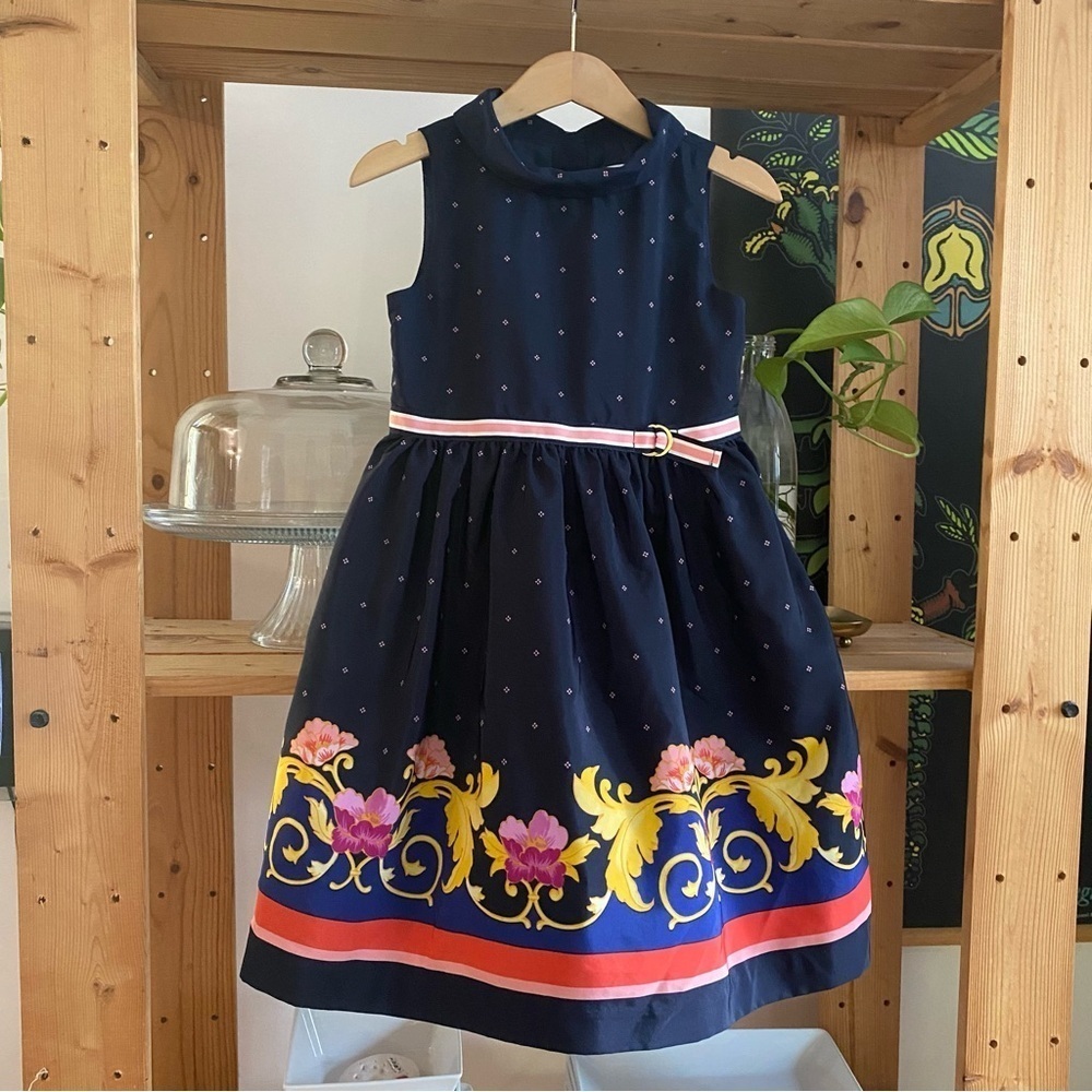 Janie and Jack Navy Blue Floral Scarf Border Dress 4t - Picture 2 of 12